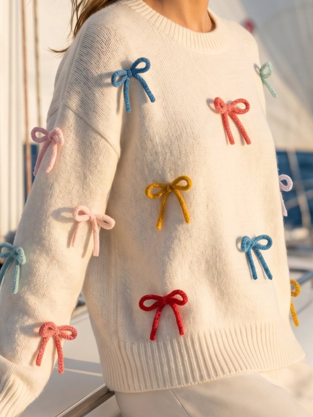 NEW! Dreamers By Debut whimsical off-white sweater with yarn bows XL - Picture 12 of 12